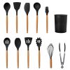 c11Pcs Silicone Cooking Utensil Set Heat Resist Wooden Handle Silicone Spatula Turner Ladle Spaghetti Server Tongs