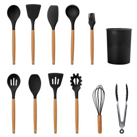 c11Pcs Silicone Cooking Utensil Set Heat Resist Wooden Handle Silicone Spatula Turner Ladle Spaghetti Server Tongs (Color: Black)