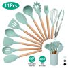 c11Pcs Silicone Cooking Utensil Set Heat Resist Wooden Handle Silicone Spatula Turner Ladle Spaghetti Server Tongs