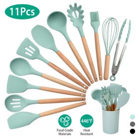 c11Pcs Silicone Cooking Utensil Set Heat Resist Wooden Handle Silicone Spatula Turner Ladle Spaghetti Server Tongs (Color: LightGreen)